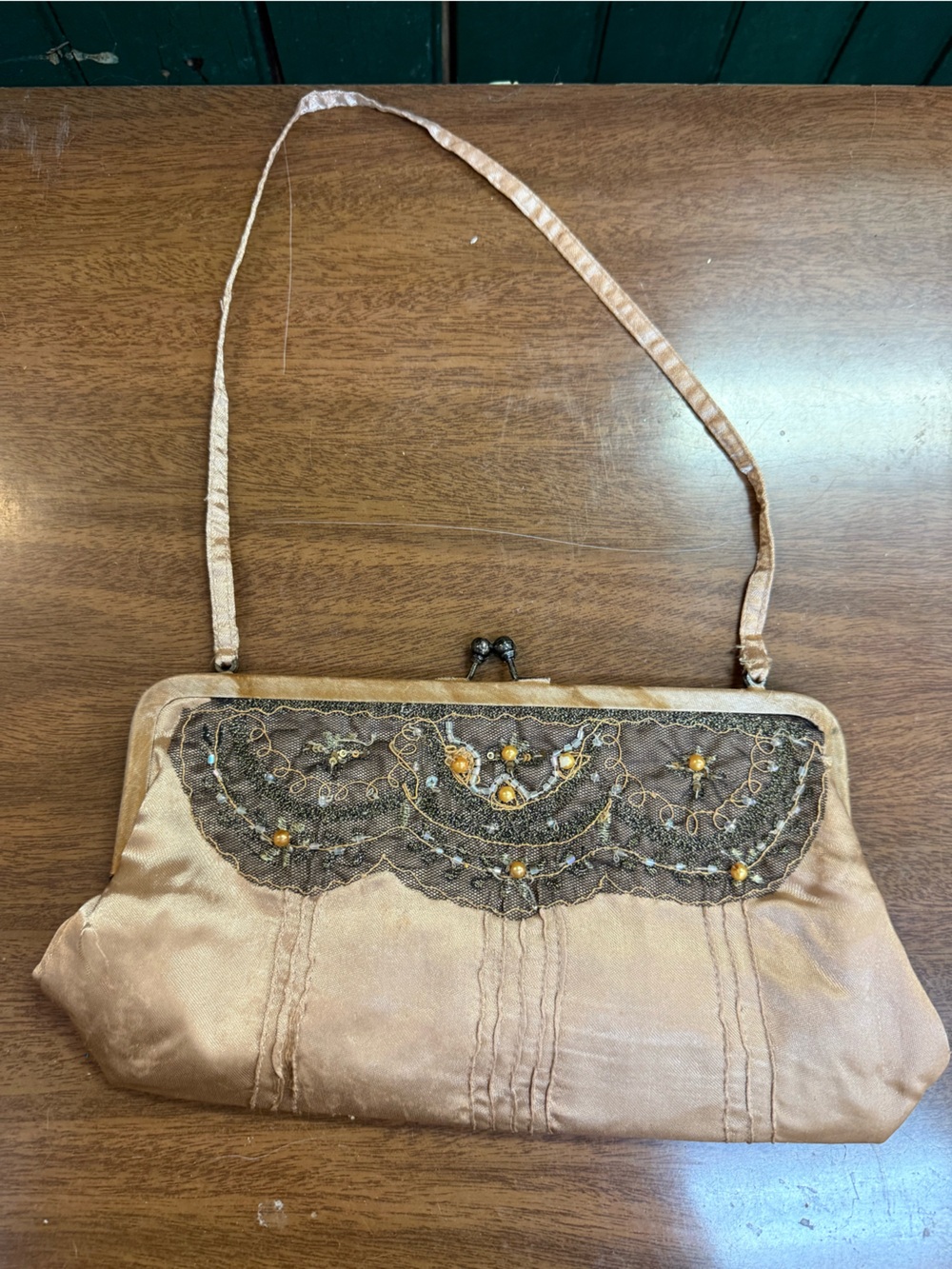 Vintage Bronze Satin Evening Clutch with Beaded Lace Detail